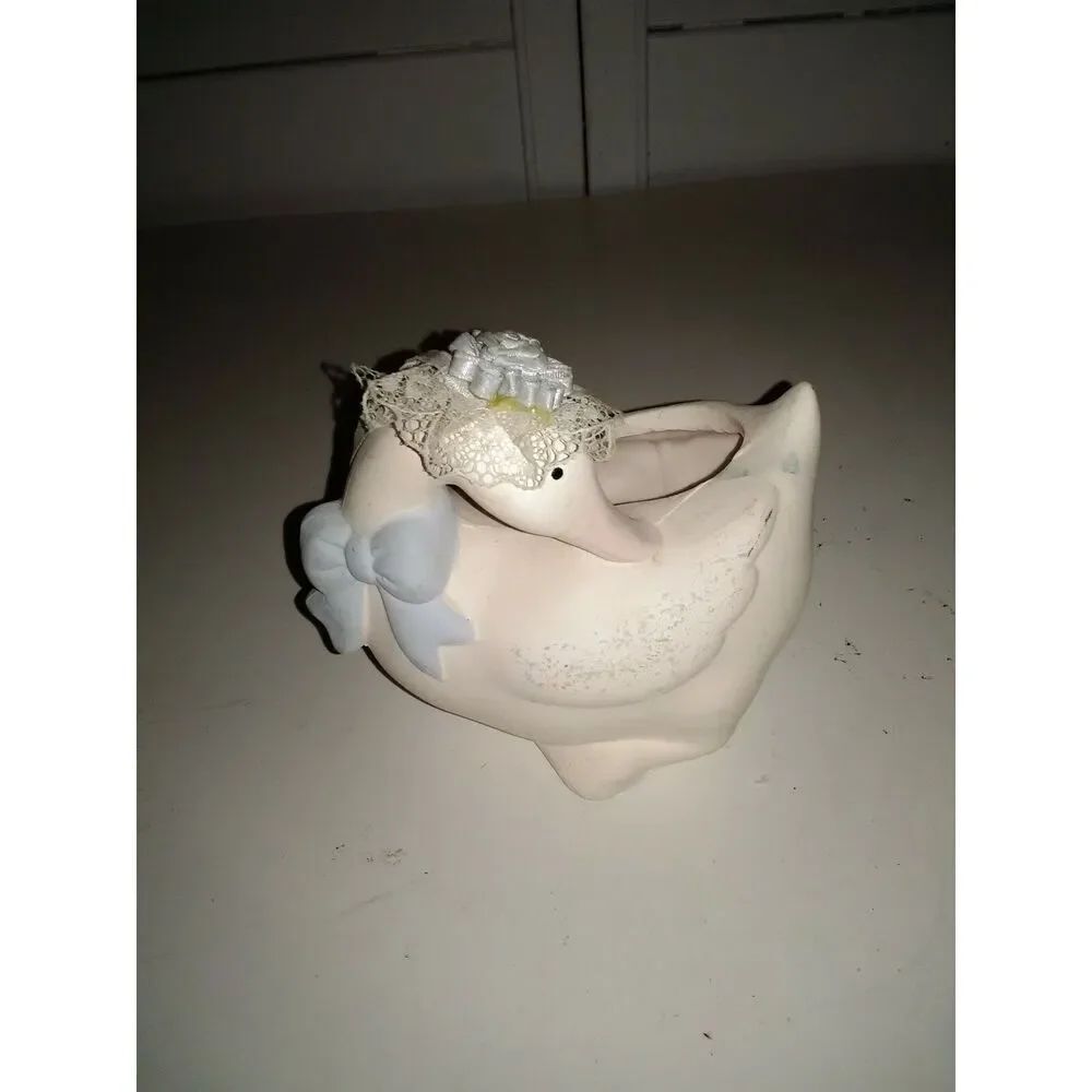 Vintage Duck With Blue Bow Planter Country Duck Planter